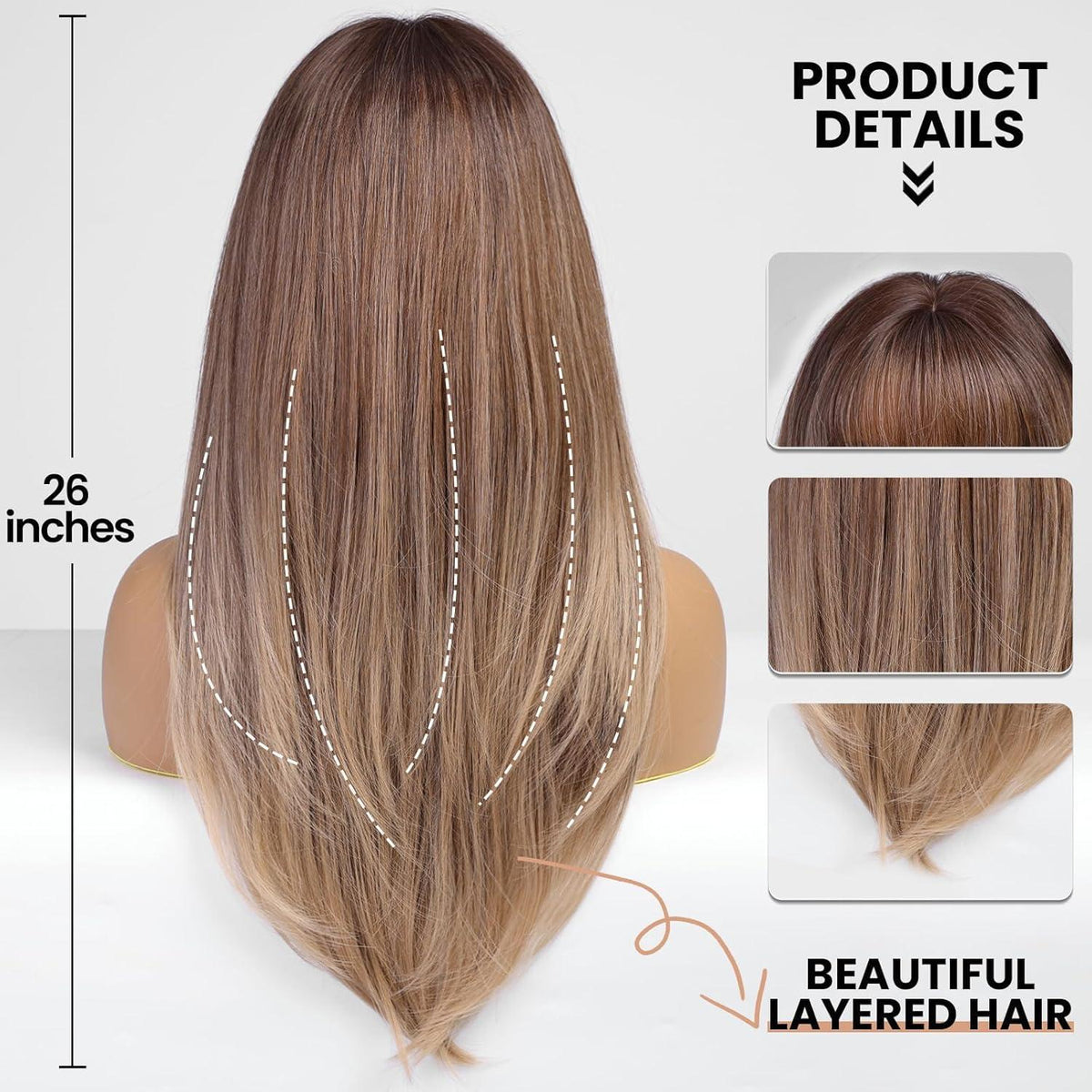 Lange Ombre Braun Perücke mit Pony – Hitzebeständig & Vielseitig