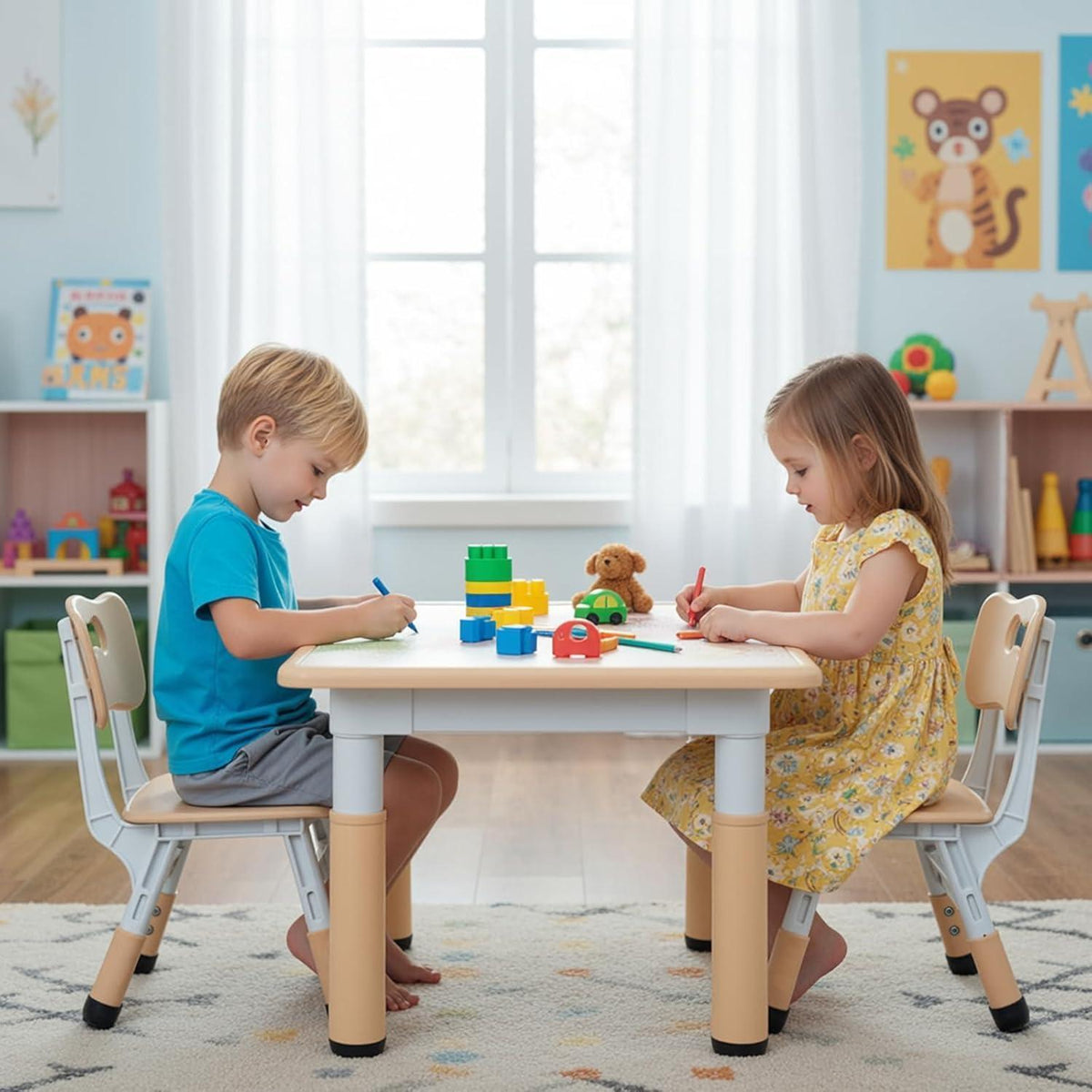 Höhenverstellbare Kindersitzgruppe mit 2 Stühlen, Maltisch Set Gelb