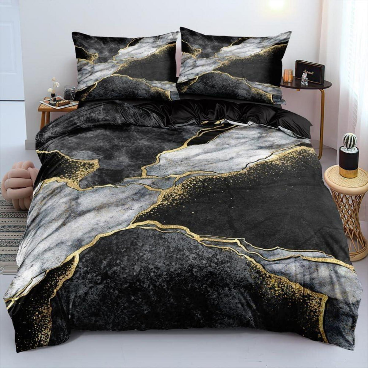 Marmor Grau Schwarz Bettwäsche Set 220x240 cm Mikrofaser