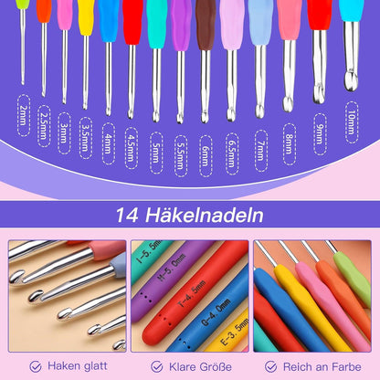 76-teiliges Häkelset für Anfänger, ergonomische Aluminium Stricknadeln Multicolor