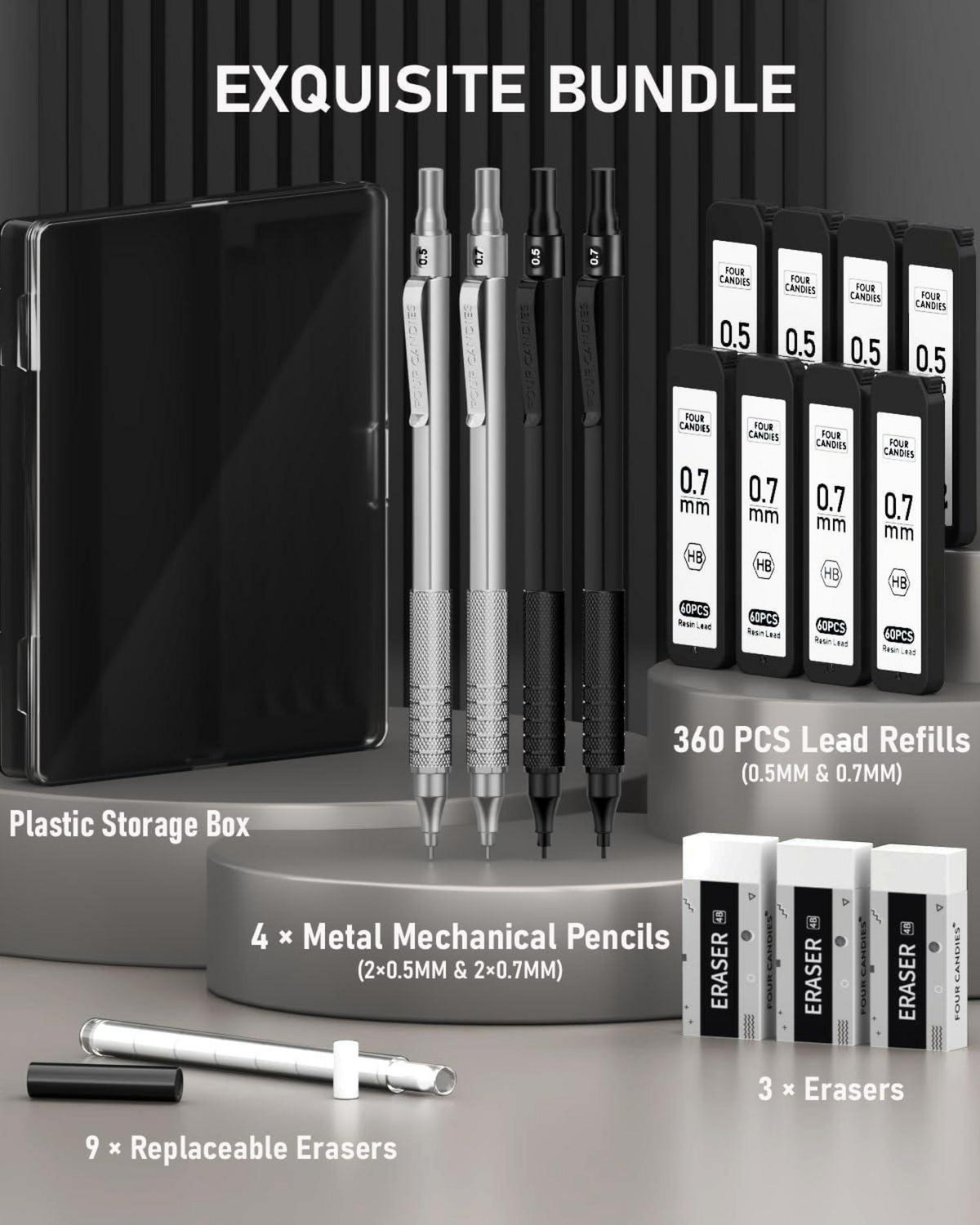 Metall-Druckbleistift-Set 0,5 mm 0,7 mm HB-Minen Schwarz Silber 480