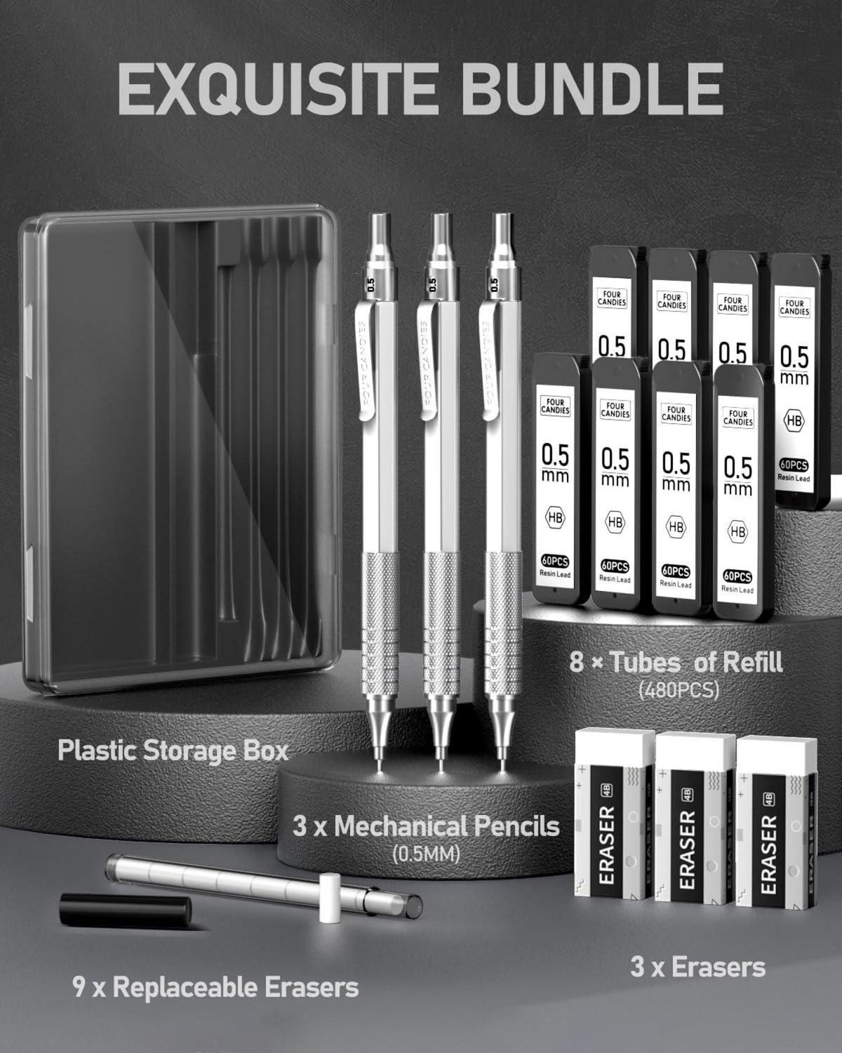Druckbleistift-Set 0,5 mm: Metall-Künstlerstift, 480 HB-Minen, 3