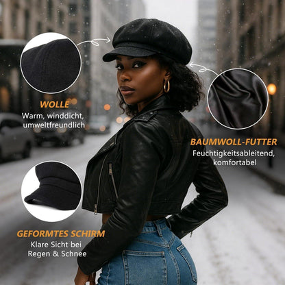 Damen Ballonmütze Wolle warm mit Visor, Schwarz