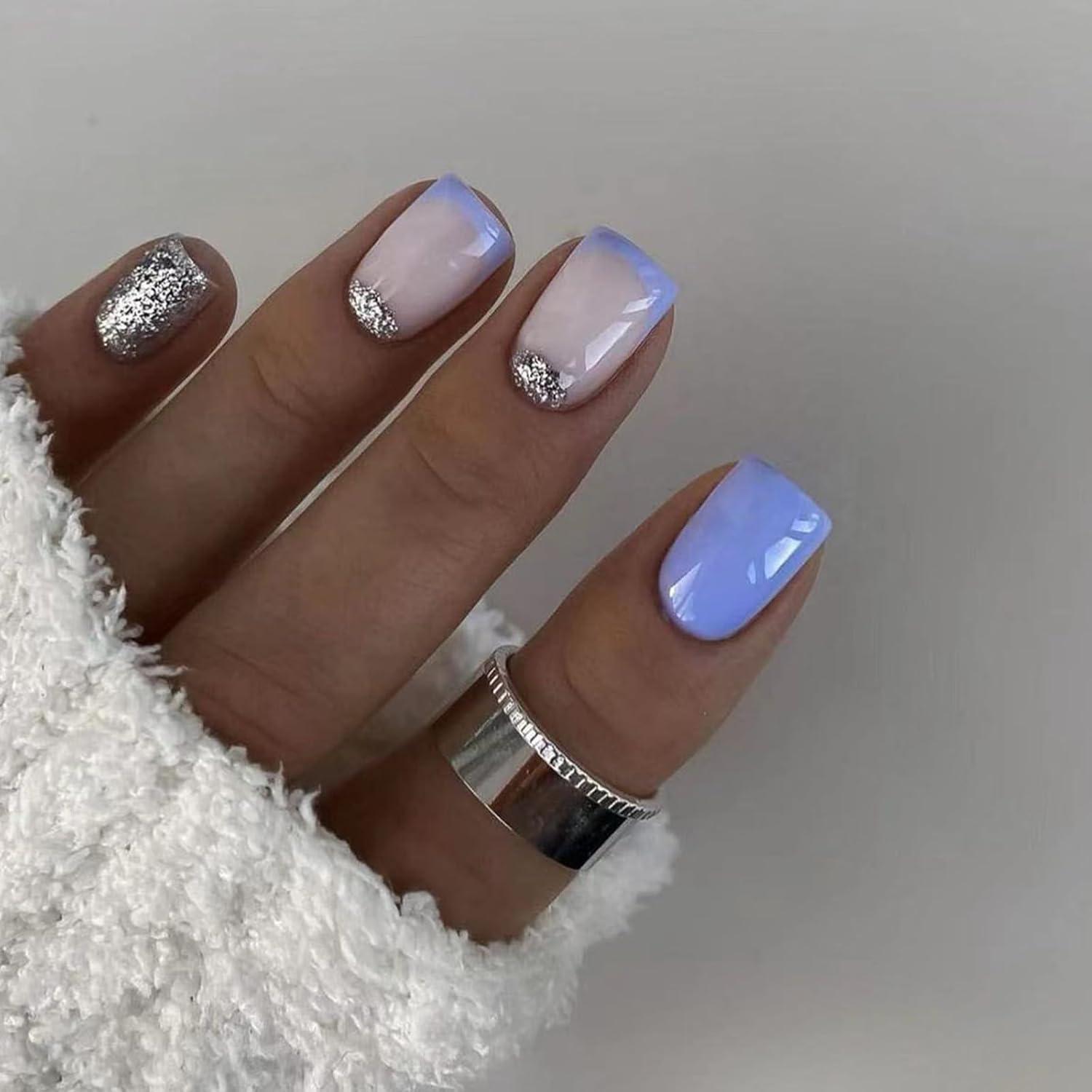 24 Nägel Aufkleben Französisch Ballerina Blau Weiß Glossy Nagel