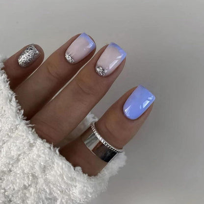 24 Nägel Aufkleben Französisch Ballerina Blau Weiß Glossy Nagel
