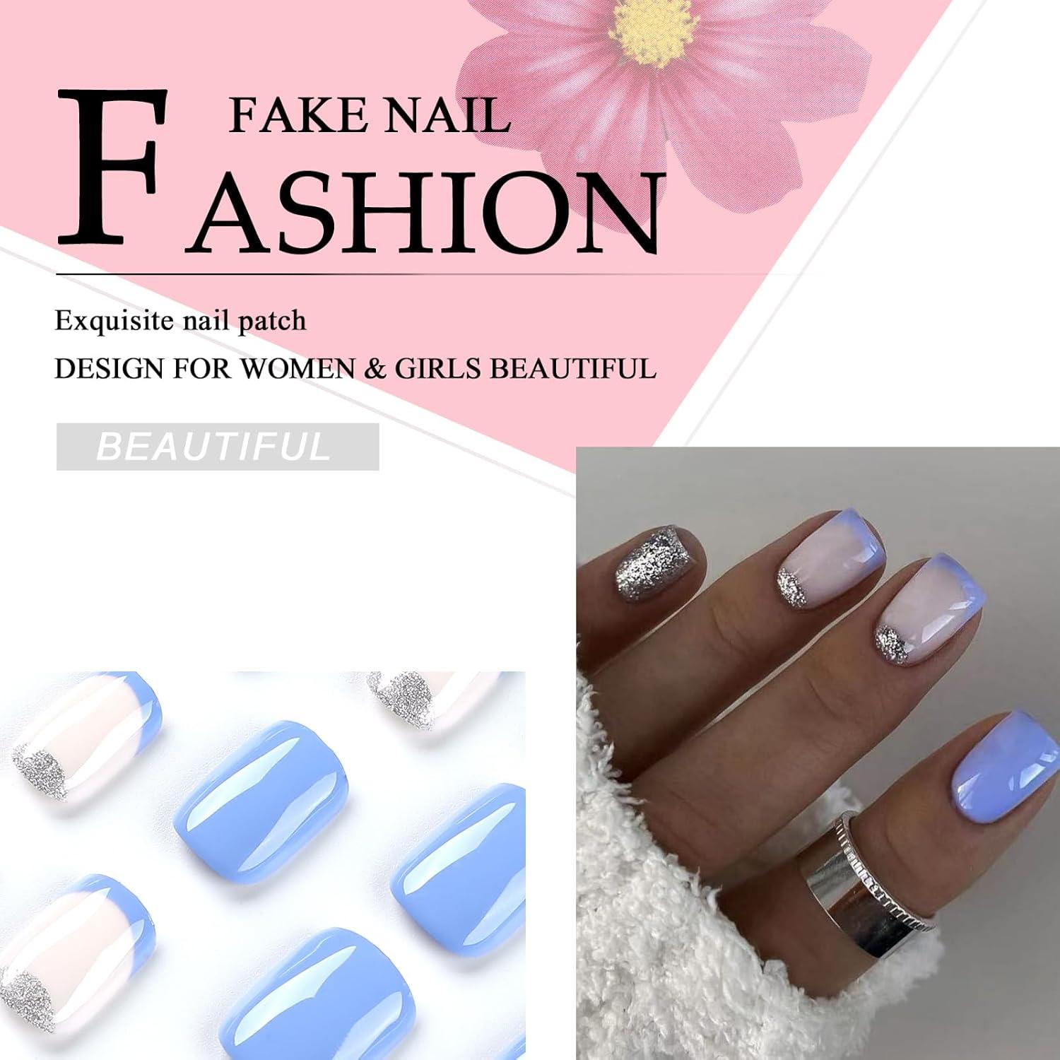 24 Stück Acryl Nägel Blau Weiß Künstliche Fingernägel