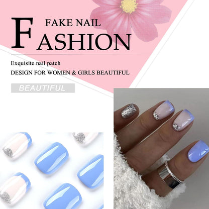 24 Stück Acryl Nägel Blau Weiß Künstliche Fingernägel