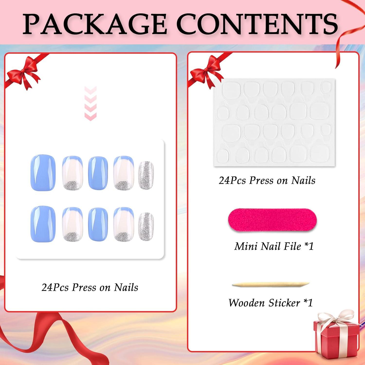 24er Set Französische Press on Nägel Blau Weiß Eckig Glossy