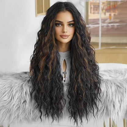 Dunkelbraune lange Lockenperücke mit blonden Highlights