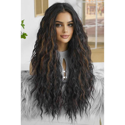 Dunkelbraune lange Lockenperücke mit blonden Highlights
