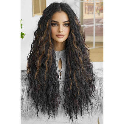 Dunkelbraune lange Lockenperücke mit blonden Highlights