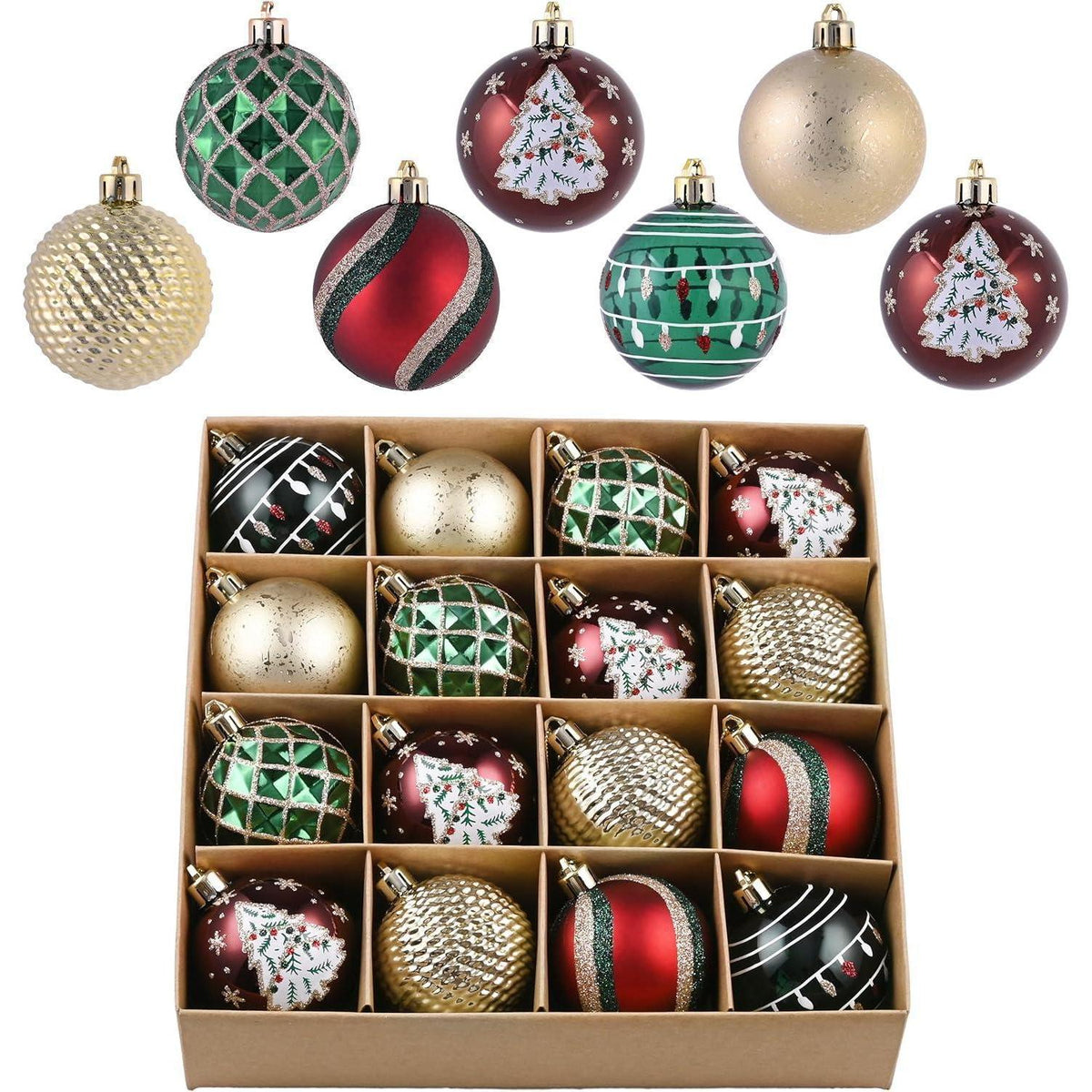 Weihnachtskugeln 16er Set 6cm Rot Grün Gold Bruchfest mit Aufhänger