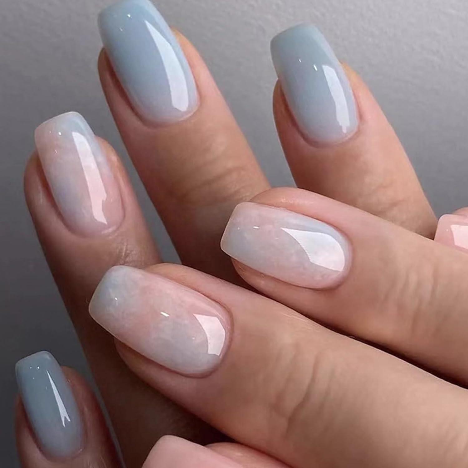 24 Stück Eckige Kurze Nägel Aufkleben French Tips Rosa Blau Full Cover