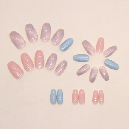 24 Stück Eckige Kurze Nägel Aufkleben French Tips Rosa Blau Full Cover