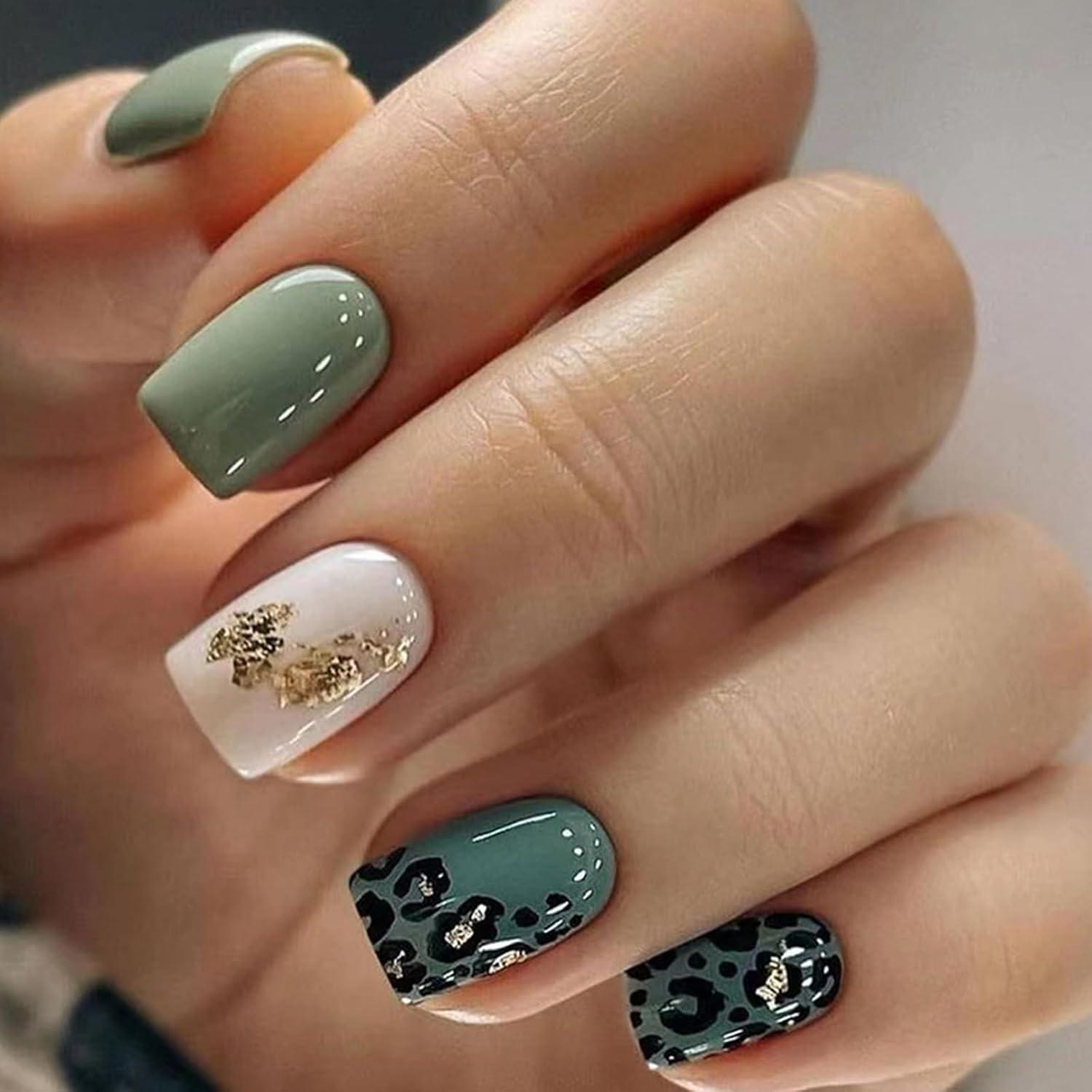 24 Nägel Leopardenmuster Eckig Kurz Nagelkleber Acryl