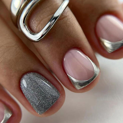 24 Stück Silber Rosa Acryl Fingernägel Press on Nails mit Aufkleber