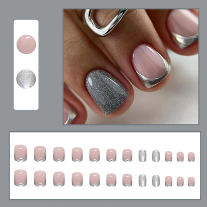 24 Stück Eckige Kurze Acryl Kunstnägel, Silber Rosa French