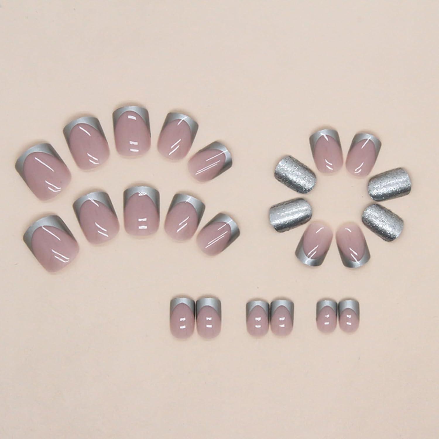 24 Stück Silber Rosa Acryl Fingernägel Press on Nails mit Aufkleber