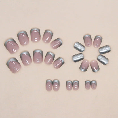 24 Stück Silber Rosa Acryl Fingernägel Press on Nails mit Aufkleber
