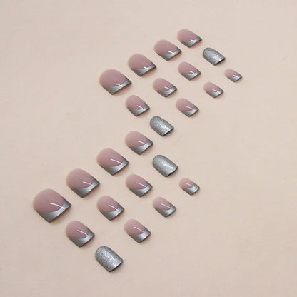 24er Pack Französische Press on Nails, Silber Rosa Eckig - Glänzende Künstliche Nägel