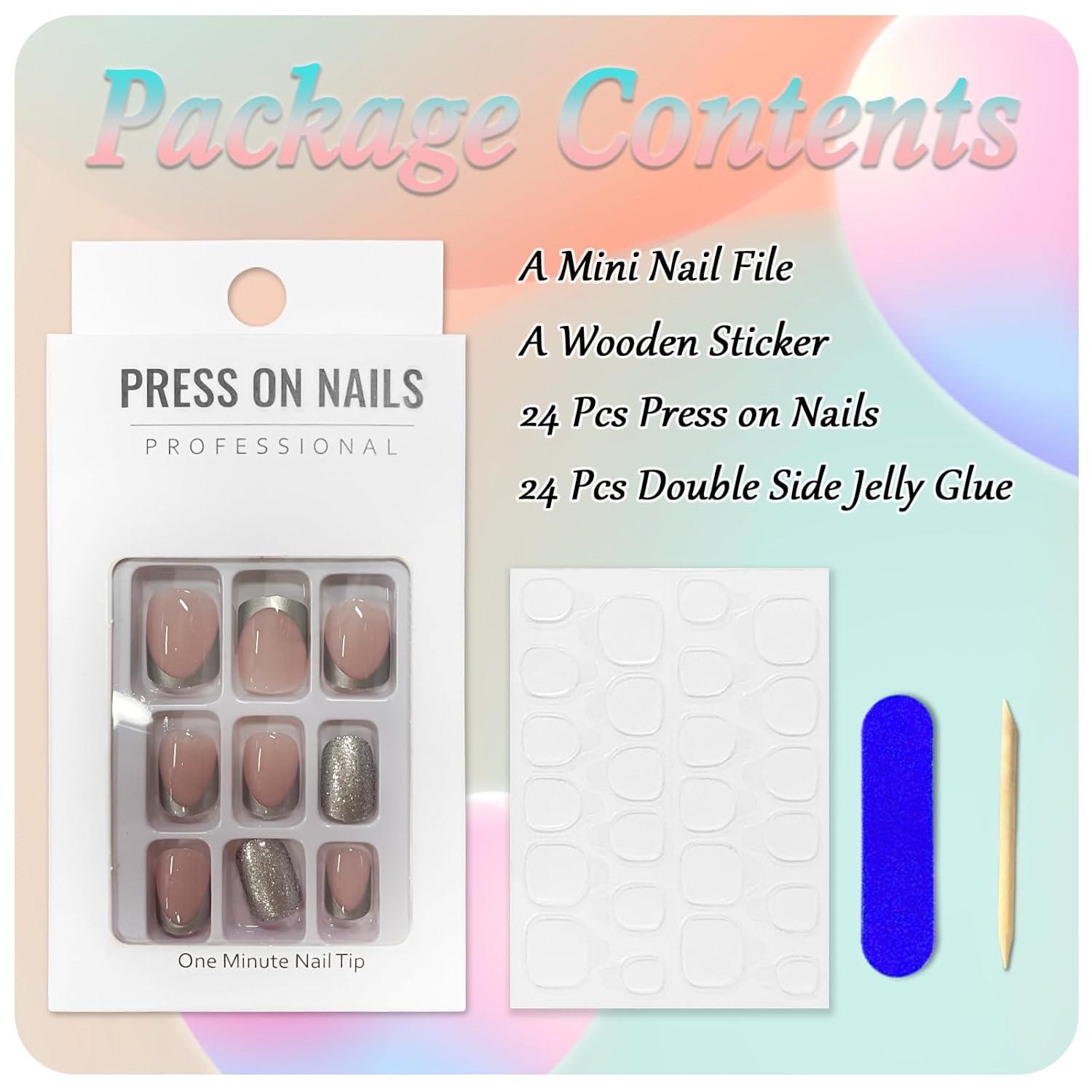 24er Set Silber Rosa French Nails Press on Nägel Acryl Künstliche Fingernägel