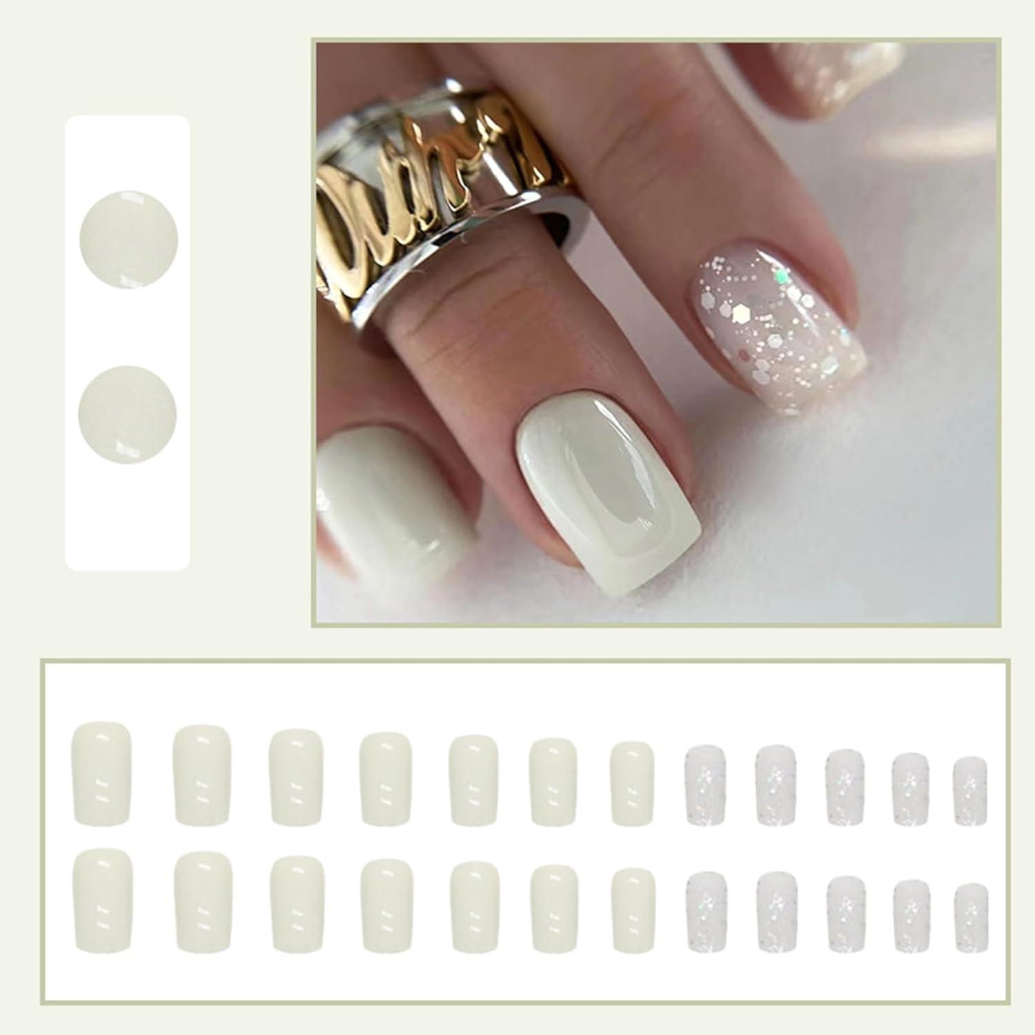 24 Stück Eckige French Tips Nägel Kurz Weiß Glänzend für
