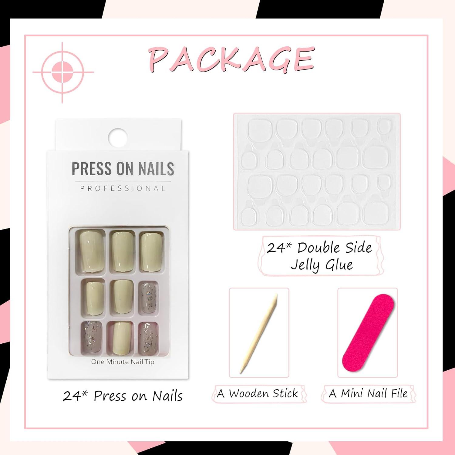 24 Stück Eckige French Tips Nägel Weiß mit Klebepads
