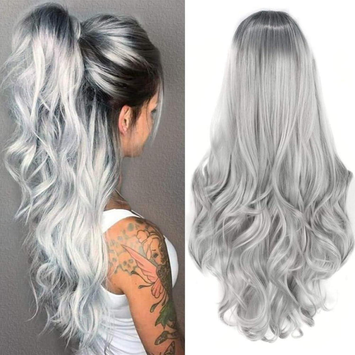 Silbergrau Ombre Langhaar Perücke Damen – Locken & Mittelscheitel