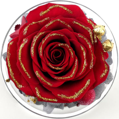 Sunia Ewige Rose mit Engel Figur in Glaskuppel Rot