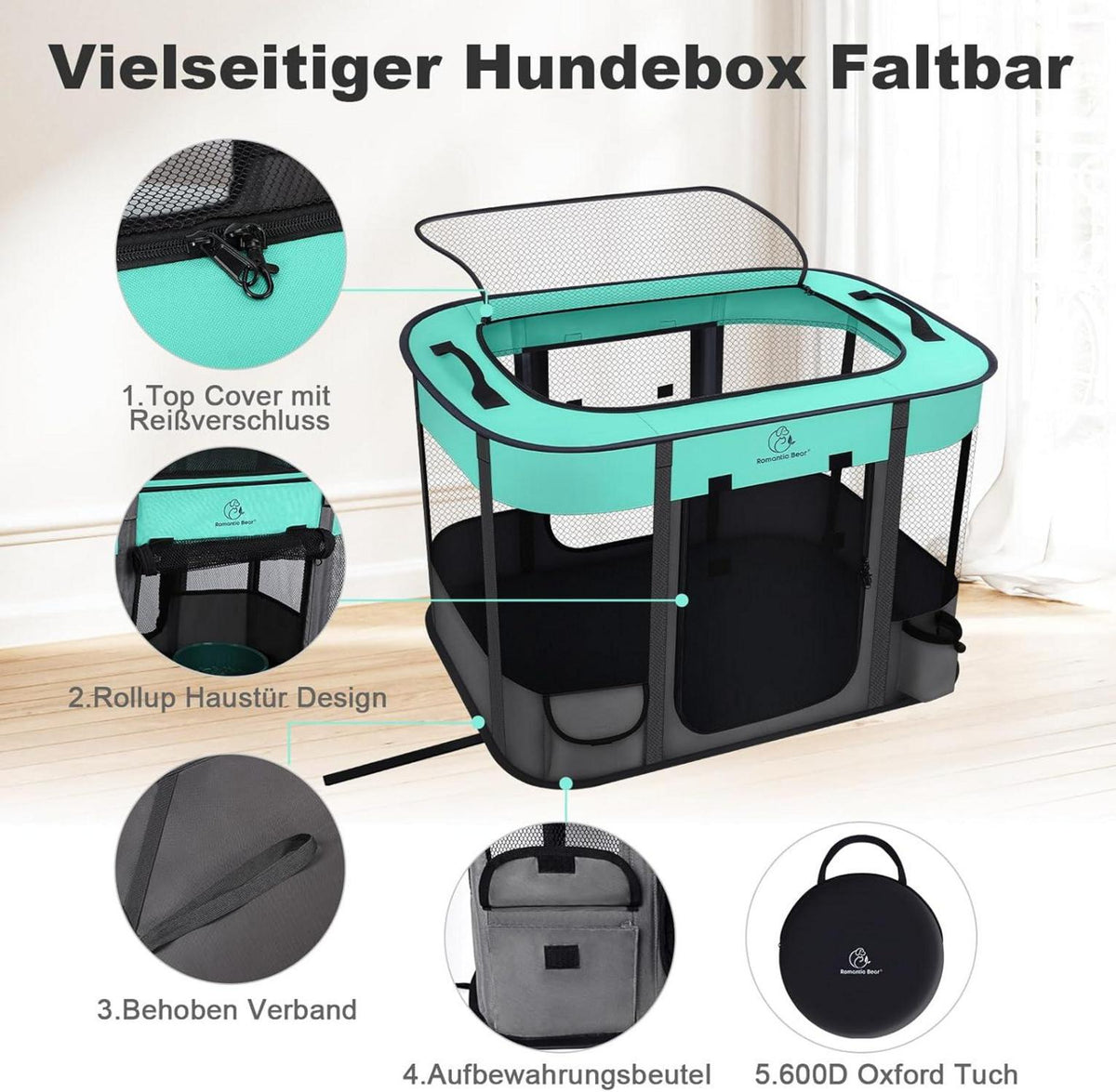 ROMANTIC BEAR Welpenauslauf Hundebox Faltbar Wasserdicht M