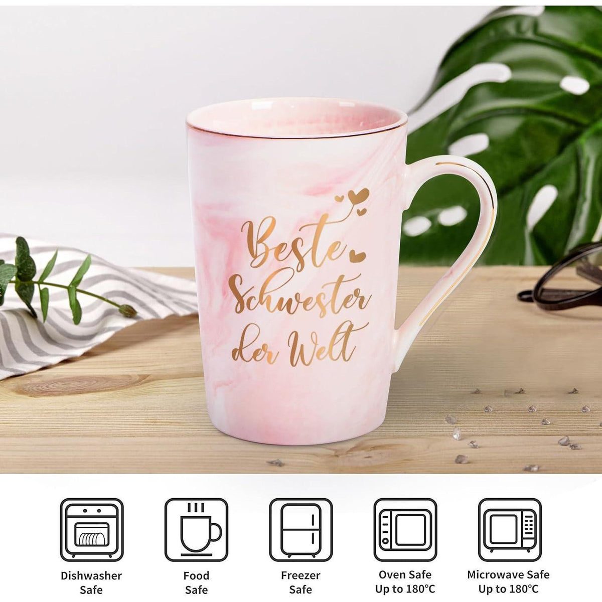 Kaffeetasse Beste Schwester Rosa 400ml mit Spruch & Geschenkbox