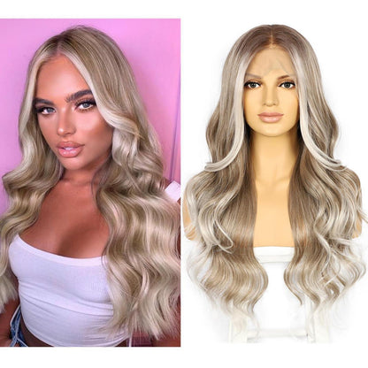 Synthetische Körperwelle Perücke Graubraun Balayage 26 Zoll