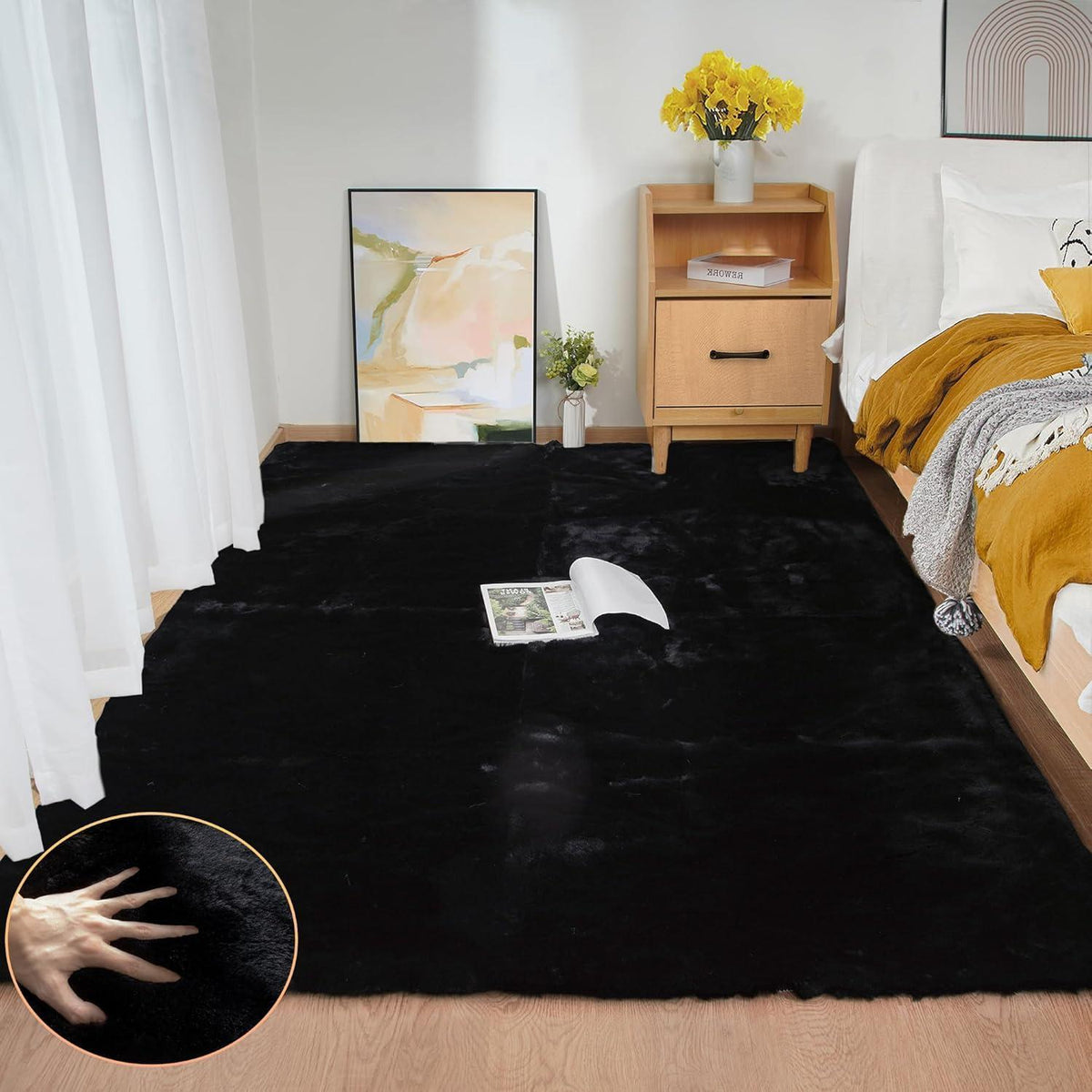 Flauschiger Kunstfell Teppich Schwarz 150x215 cm – Kuschelig & Waschbar