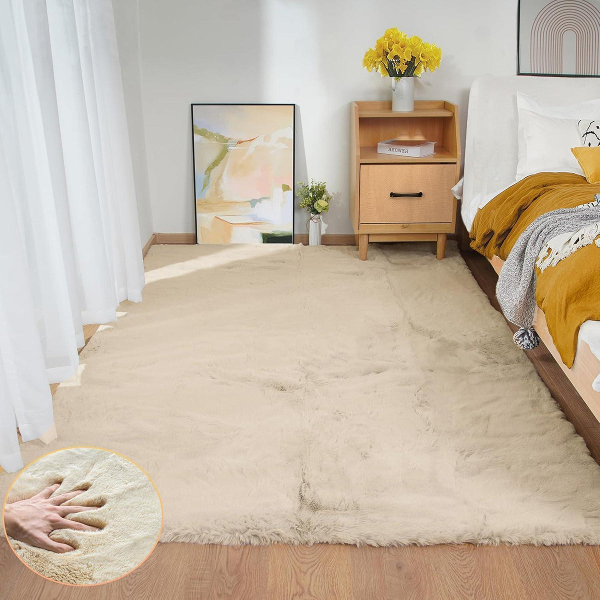Flauschiger Kunstfell Teppich Beige 150x215 cm - Kuschelig & Waschbar