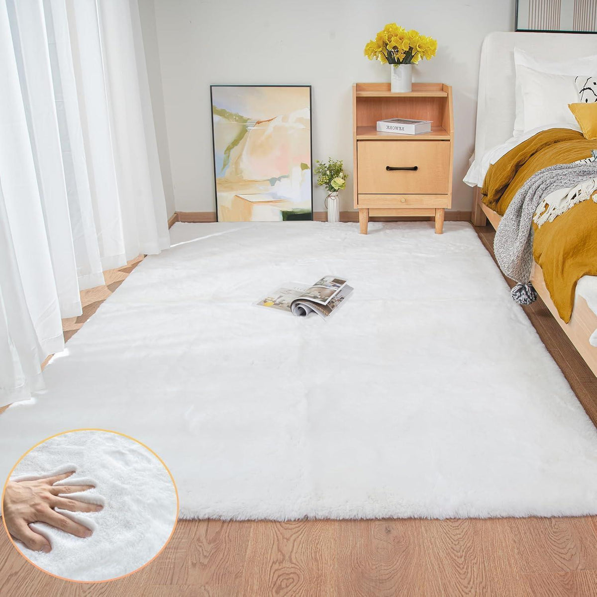 Flauschiger Teppich Weiß 150x215 cm – Wohnzimmer, Schlafzimmer & Kinderzimmer