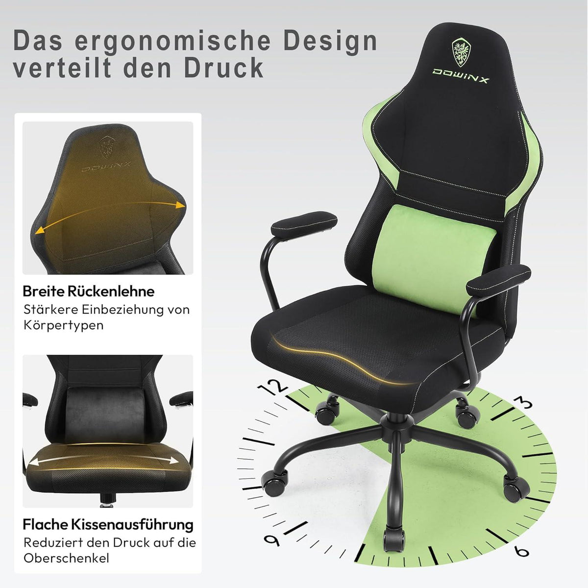 Dowinx Gaming Stuhl Stoff Kinder Ergonomisch Lendenwirbelstütze Grün