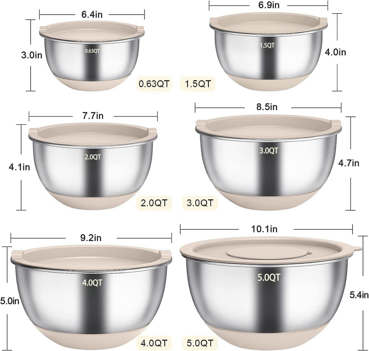 Rührschüssel-Set Edelstahl Salatschüsseln mit Deckel & Silikonboden