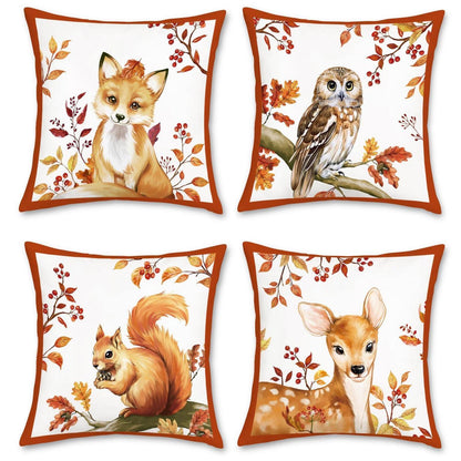 Herbsttiere Kissenbezüge 4er Set 45x45 cm Fuchs Eule Hirsch