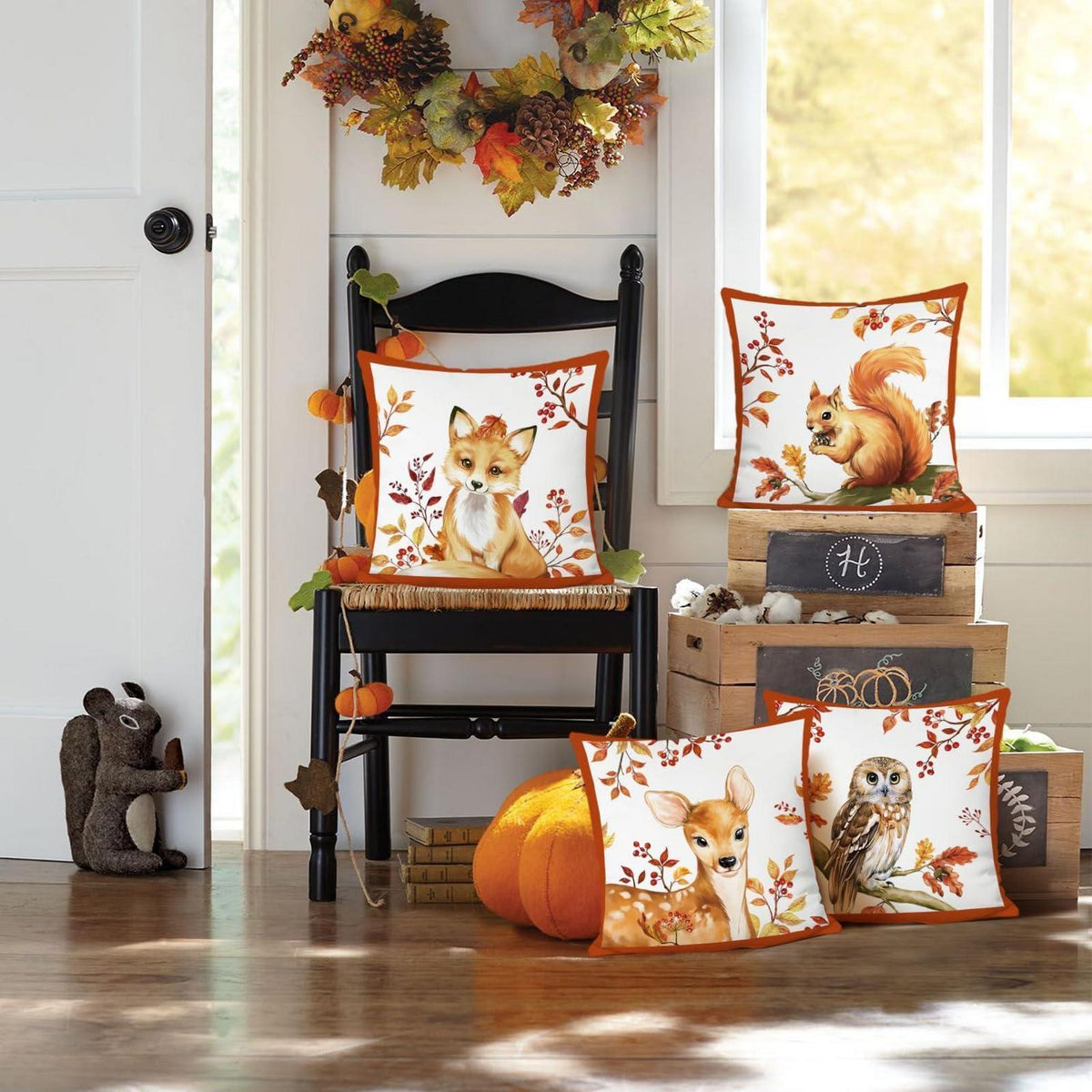Herbsttiere Kissenbezüge 4er Set 45x45 cm Fuchs Eule Hirsch