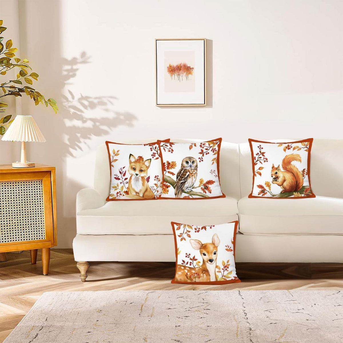 Herbsttiere Kissenbezüge 4er Set 45x45 cm Fuchs Eule Hirsch