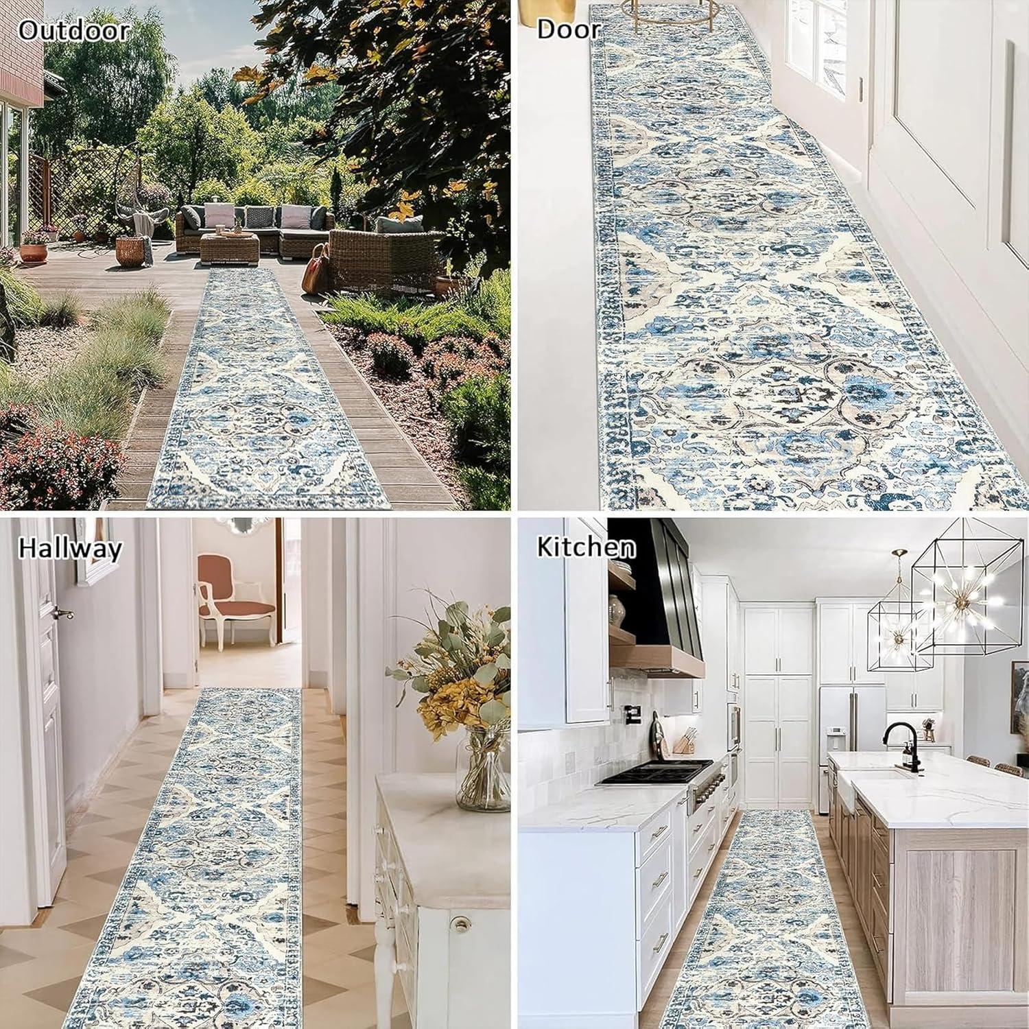Enyhom Langer Flur Teppich Läufer 60x305cm Blau Klassisch Waschbar