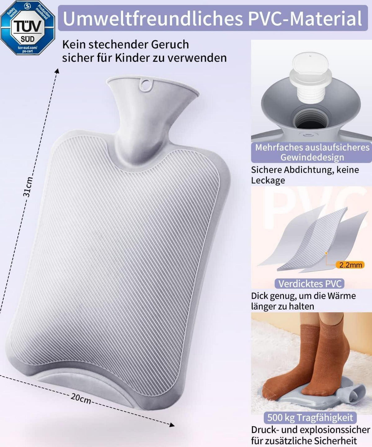 Wärmflasche mit Bezug 2L Auslaufsicher PVC Hot Water Bottlebettflasche