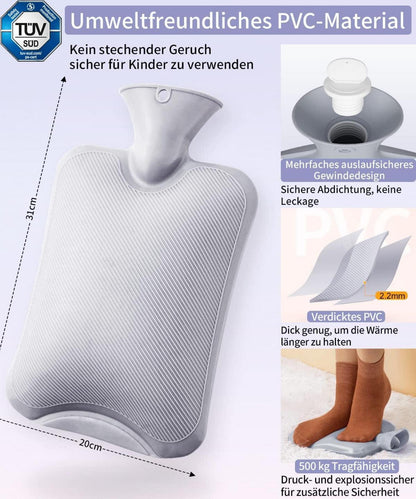 Wärmflasche mit Bezug 2L Auslaufsicher PVC Hot Water Bottlebettflasche