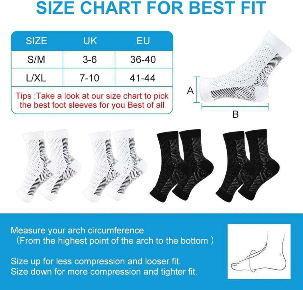 ACWOO Neuropathie Socken 4 Paar Sprunggelenkbandage Kompressionssocken Plantarfasziitis Arthritis Fersensporn Schwarz Weiß S/M