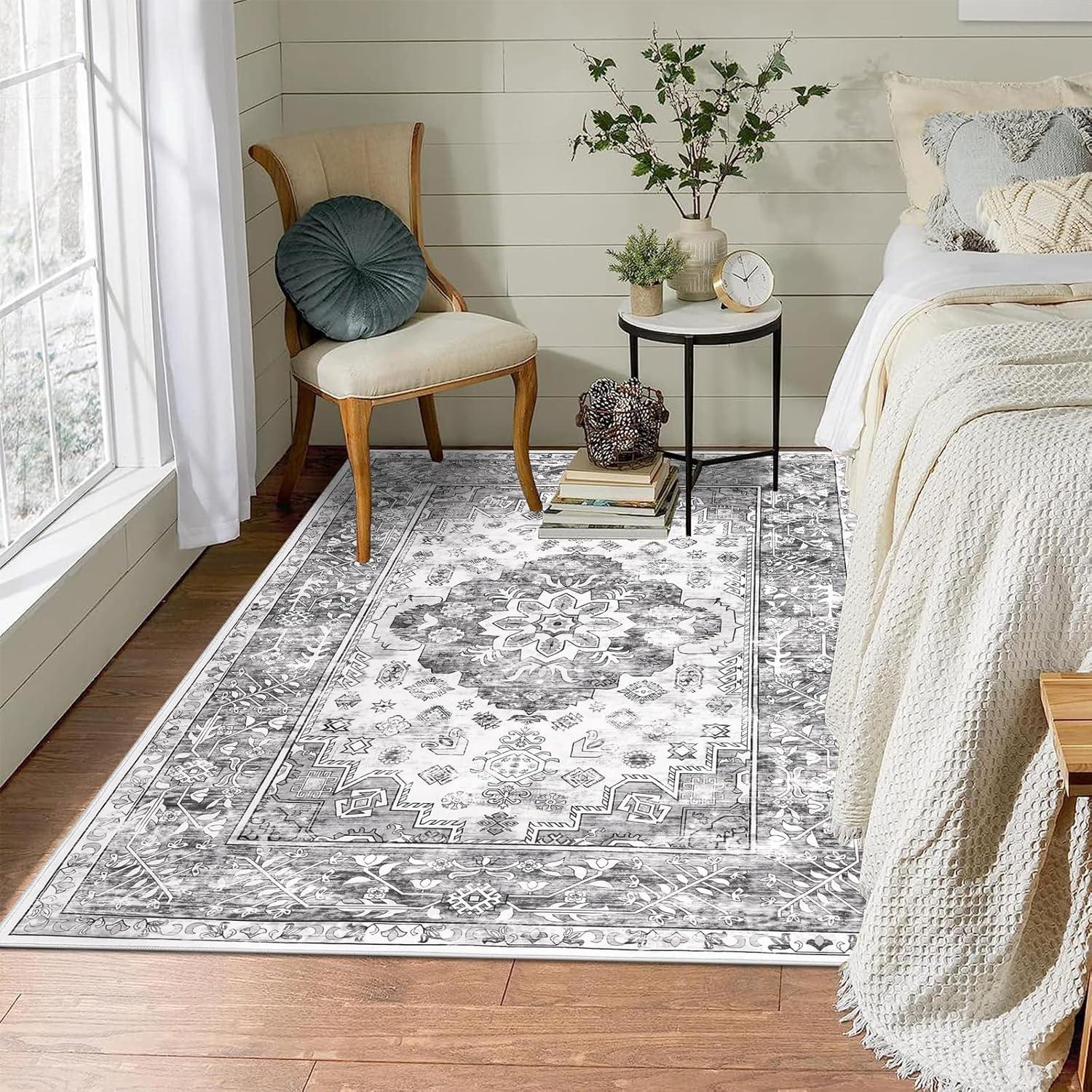 Großer Vintage Bohemian Kurzflorteppich, Grau 120x180cm