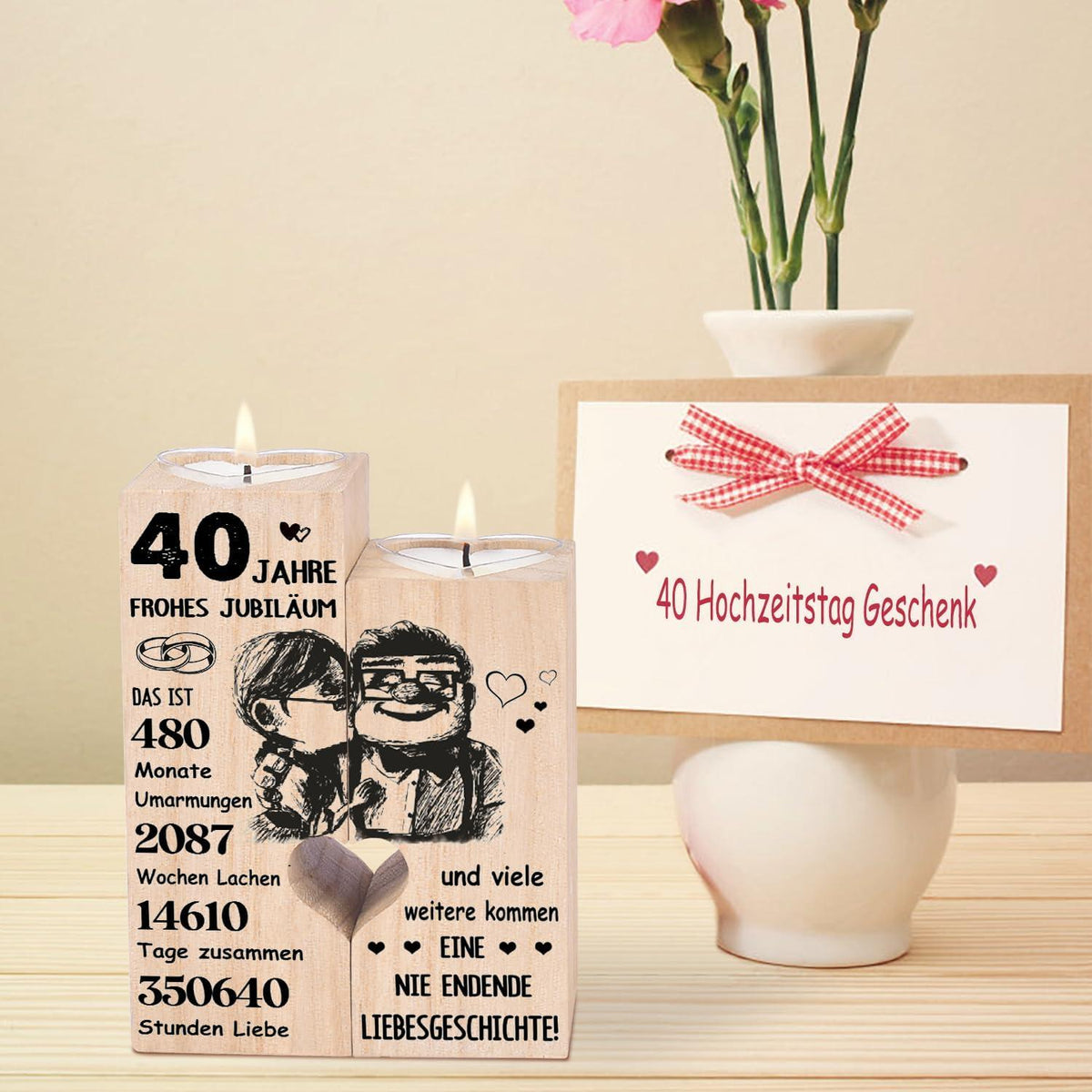Rubinhochzeit Geschenk - 40. Hochzeitstag Kerzenhalter mit Teelicht - Holzdekoration