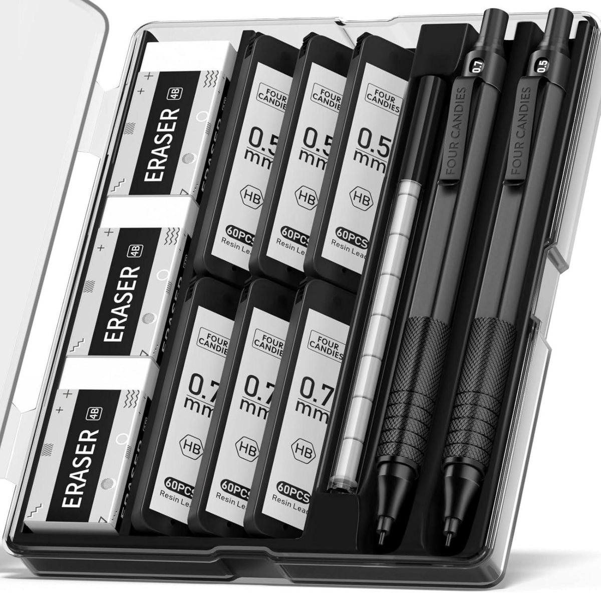 Schwarze Metall Druckbleistifte Set mit Minen und Radiergummis
