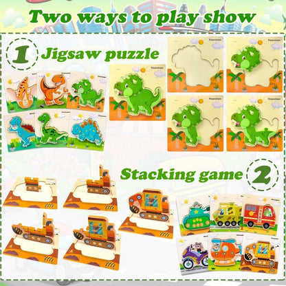Dinosaurier Autos Holzpuzzle 2-4 Jahre Montessori 9-10Stk