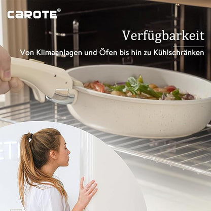 8-teiliges CAROTE Topf- und Pfannenset mit abnehmbaren Griffen, antihaftbeschichtet, stapelbar, induktionsgeeignet
