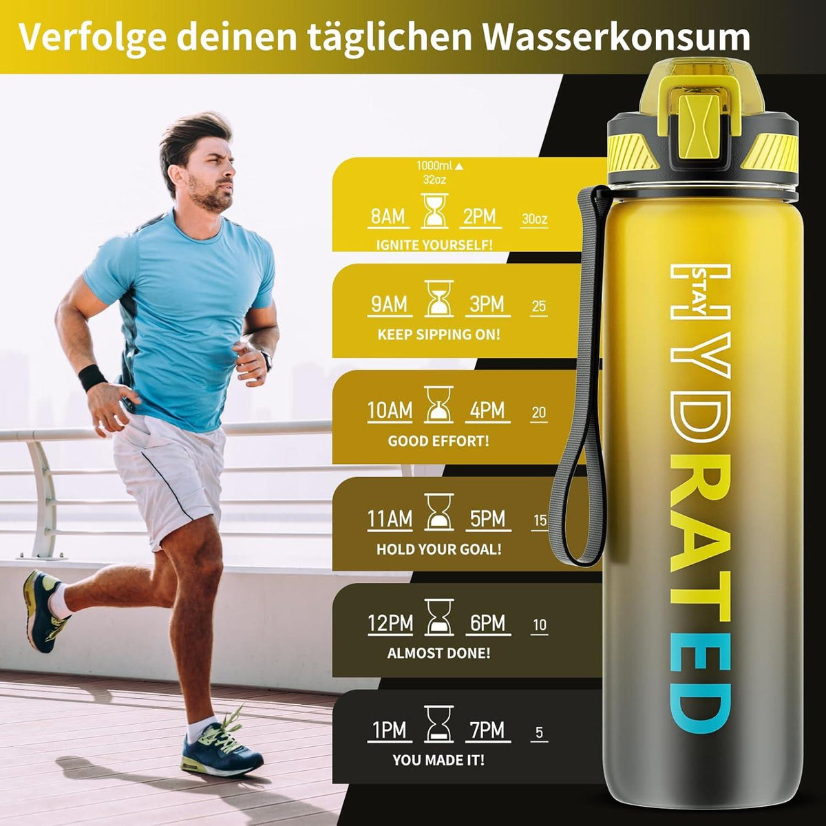 QLUR Trinkflasche 1L BPA-frei mit Strohhalm Zeitmarkierung